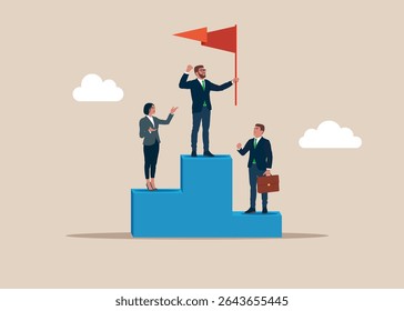 Triumphant businessman standing on the winner's podium, holding a red flag. leadership or challenge and achievement concept. Flat vector illustration