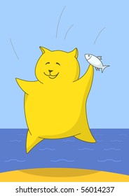 Triumphant cheerful pillow with a little fish in his hand, jumping up into the air