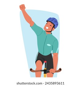 Triumphant Cyclist Character Exuberantly Raised A Victorious Fist, Beaming With A Radiant Smile, Embodying The Sheer Joy Of Sportsmanship And Accomplishment. Cartoon People Vector Illustration