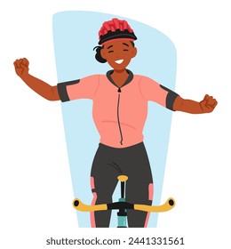 El Triunfante Personaje Femenino Ciclista Levantó Exuberantemente Puños Victoriosos, Radiante Sonrisa, Encarnando La Alegría De La Deportividad Y El Logro. Ilustración vectorial de personas de dibujos animados