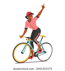 Triumphant Cyclist Female Character Exuberantly Raised Victorious Gesture, Beaming With A Radiant Smile, Embodying The Sheer Joy Of Sportsmanship And Accomplishment. Cartoon People Vector Illustration