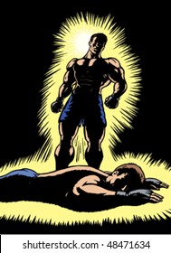 Triumphant fighter standing over beaten opponent