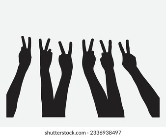Triumphant Gestures, Diverse Silhouettes Displaying Victory Signs - Vector Illustrations