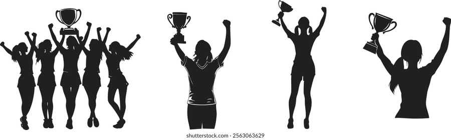 Triumphant girls in Dynamic Pose  Celebrating Victory Holding Trophies