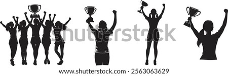 Triumphant girls in Dynamic Pose  Celebrating Victory Holding Trophies