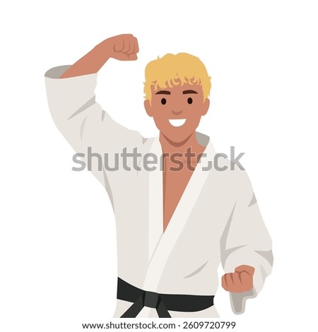 Triumphant Karate Champion. Man in a karate uniform celebrates with a smile and a strong pose. Flat vector illustration isolated on white background