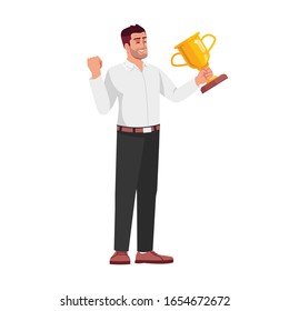 Triumphant office worker semi flat RGB color vector illustration. Young businessman holding trophy isolated cartoon character on white background. Successful project completion, victory concept