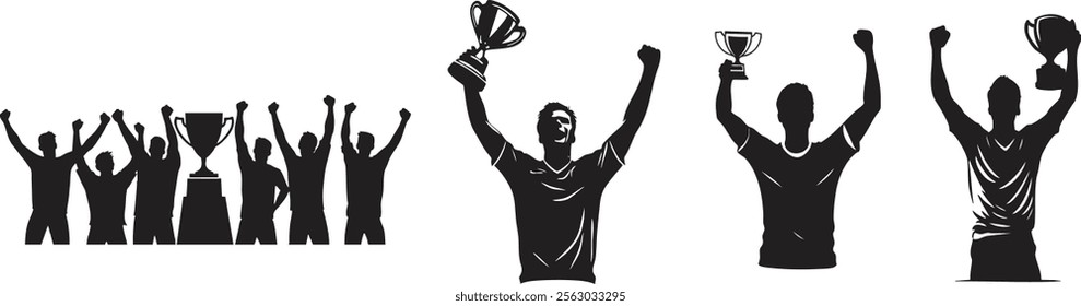 Triumphant Silhouette men Celebrating Victory with Raised Trophies