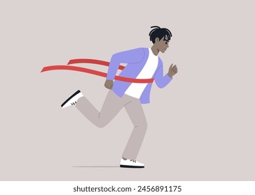 Triumphant Sprint to Victory, A determined runner breaks through the red finish ribbon