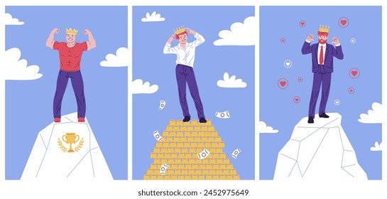 A triumphant vector illustration set featuring men crowned with success, standing atop a peak, a mountain of money, and basking in admiration