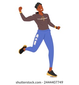 Triumphant Young Man Runner Character Punches The Air With Clenched Fists, His Face Alight With Joy, As He Crosses The Finish Line First, Victory His At Last. Cartoon People Vector Illustration