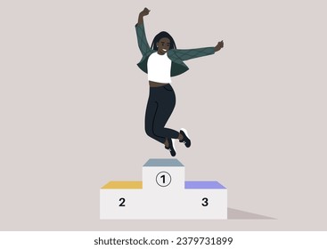 A triumphant young woman jumping for joy on a winner's podium, her hands raised high in celebration, exuding happiness and contentment with her victory