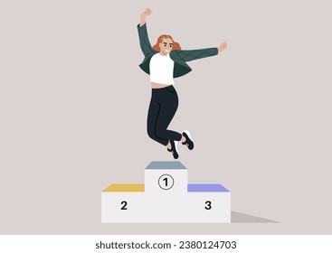 A triumphant young woman jumping for joy on a winner's podium, her hands raised high in celebration, exuding happiness and contentment with her victory