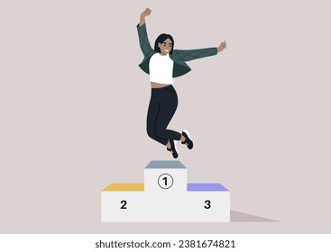 A triumphant young woman jumping for joy on a winner's podium, her hands raised high in celebration, exuding happiness and contentment with her victory