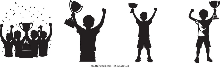 Triumphant Youth Holding Trophies in Joyful Celebration