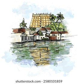 Trivandrum Padmanabhaswamy Temple Colorful Vector Illustration