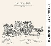 Trivandrum (Thiruvanathapuram), Kerala, South India. Sree Padmanabhaswamy Temple. Artistic hand drawing. Asian travel sketch. Vintage hand drawn postcard, poster. EPS 10 vector illustration