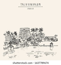 Trivandrum (Thiruvanathapuram), Kerala, South India. Sree Padmanabhaswamy Temple. Artistic hand drawing. Asian travel sketch. Vintage hand drawn postcard, poster. EPS 10 vector illustration