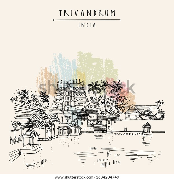 Trivandrum (Thiruvanathapuram), Kerala,\
South India. Sree Padmanabhaswamy Temple. Artistic hand drawing.\
Asian travel sketch. Vintage hand drawn postcard, poster. EPS 10\
vector illustration