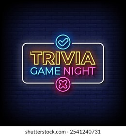 trivia jogo noite neon sinal vetor com fundo de parede de tijolo