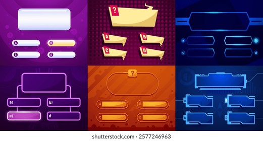 Trivia game template. Quiz interface layout for web and mobile app with quizzes question and answer screen, quizzes multiple choice layout score page. Vector quizzical mockup.