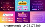 Trivia game ui. Question and answer template for quiz show, multiple choice interface with buttons and timer. Vector game app layout. Presentation or competition with various options