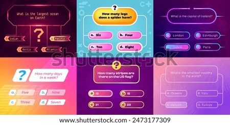 Trivia game ui. Question and answer template for quiz show, multiple choice interface with buttons and timer. Vector game app layout. Presentation or competition with various options