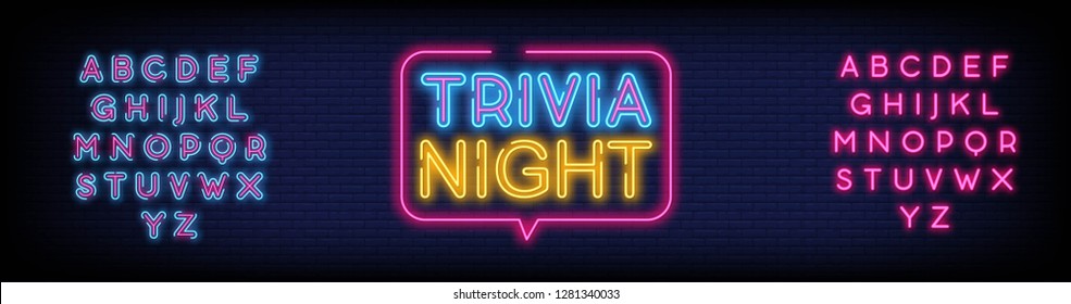 Trivia night announcement neon signboard vector With Brick Wall Background. Light Banner  Design element  Night Neon Advensing. Vector illustration. Editing Text Neon