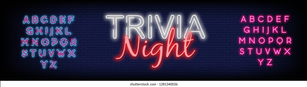 Trivia night announcement neon signboard vector With Brick Wall Background. Light Banner  Design element  Night Neon Advensing. Vector illustration. Editing Text Neon