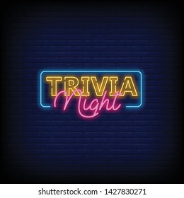 Trivia night announcement neon signboard vector with a Brick Wall Background. Light Banner  Design element  Night Neon. Vector illustration