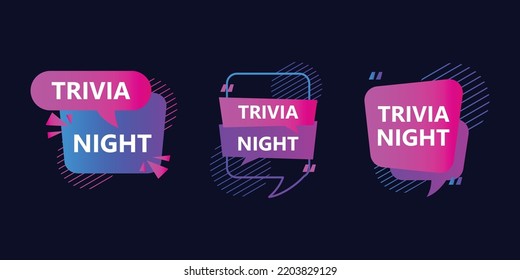 Trivia night label for promo design. trivia night labels, stickers or tags for quiz games. Quiz design elements and promotions with free gifts.