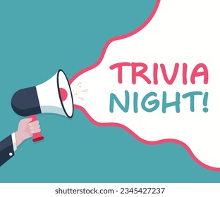 Trivia Night  - Male hand holding megaphone. Loudspeaker. Banner for business, marketing and advertising. Vector illustration