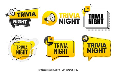 Trivia Night. Megaphone label collection with text. Marketing and promotion. Vector Illustration.