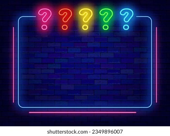 Trivia Nacht Neon Banner. Farbige Fragezeichen. Einfaches Bild. Quiz Wettbewerb. Spielveranstaltung. Nachtclub glänzt durch Werbung. Glühender Flyer. Kopiert Platz. Bearbeiten von Text. Vektorgrafik