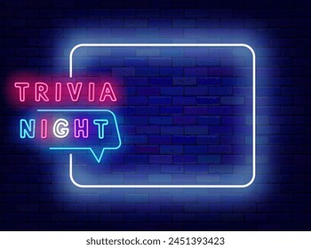 Trivia night neon poster. Quiz time banner. Greeting card. Empty white frame and colorful typography. Tv show event. Glowing flyer. Copy space. Editable stroke. Vector stock illustration