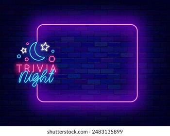 Trivia noche de neón de promoción. Publicidad de quiz. Programa de televisión y juego. Marco púrpura vacío y tipografía con luna y estrellas. Divertida competencia. Trazo editable. ilustración de stock de Vector