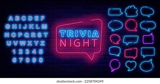 Señal de neón nocturno de Trivia. Se han establecido marcos de burbujas de voz. Concurso. Competencia de juegos. Alfabeto azul brillante. Banner de tipografía brillante en la pared de ladrillos. Ilustración de material vectorial