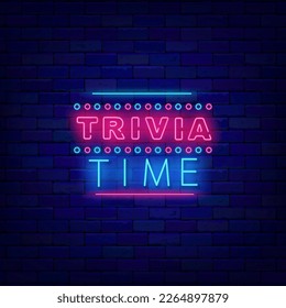 Trivia night neon signboard. Retro circles decoration. Quiz show label on brick wall. Game competition. Light advertising. Shiny typography banner. Vector stock illustration