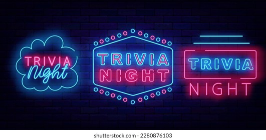 Trivia night neon signs collection. Vintage border. Cloud frame. Quiz show label on brick wall. Game competition. Light advertisings set. Shiny typography banners. Vector stock illustration