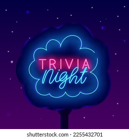 Trivia night neon steet billboard. Quiz show. Game competition. Speech bubbles frame. Shiny typography outdoor banner. Vector stock illustration