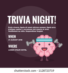Trivia Night Poster with Brain Cartoon Vector Illustration with Text Template