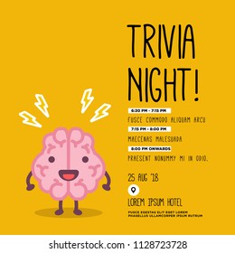 Trivia Night Poster With Brain Cartoon Vector Illustration With Text Template