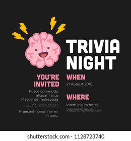 Trivia Night Poster with Brain Cartoon Vector Illustration with Text Template