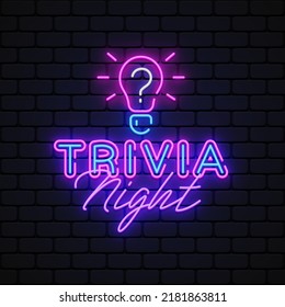 Trivia Night In Retro Style On Light Background. Neon Vector Logo Illustration