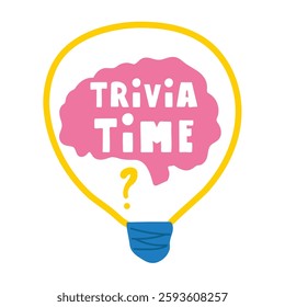 Trivia time. Light bulb with brain inside. Hand drawn vector illustration.