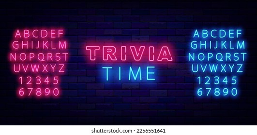 Trivia time neon sign. Shiny typography for tv show, event. Quiz show. Game competition. Glowing blue and pink alphabet. Light banner on brick wall. Vector stock illustration