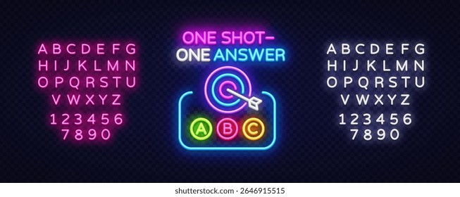 Ícone de vetor Trivia com alvo e letras. A ilustração do néon mostra a frase ONE SHOT ONE ANSWER e os botões de resposta ABC na grade transparente