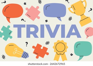 Trivia word with speech bubbles, puzzles, question marks, lightbulb and award icons – perfect for quiz night posters, brain game apps, or social media posts about fun facts and challenges