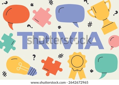 Trivia word with speech bubbles, puzzles, question marks, lightbulb and award icons – perfect for quiz night posters, brain game apps, or social media posts about fun facts and challenges