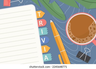 calcomanías de notas de oficina escritas por palabras de trivia, composición de vista superior con taza de café, bolígrafo, clips de oficina y planta de hogar verde - ilustración vectorial